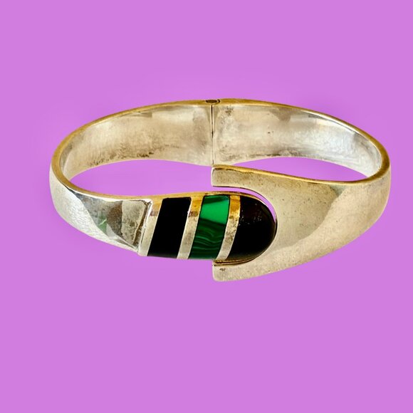 Sterling Silver 925 Bracelet Malachite + Onyx Hinged Bracelet Taxco Mexico 52 gr - Picture 1 of 16